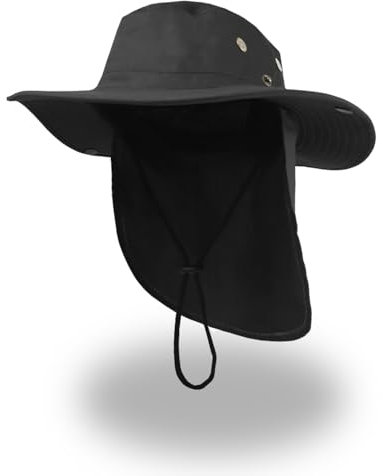 NLAND Sombrero de Sol Pescador Hombre Mujer Gorras de Pescador Transpirable Protección UPF Cuello para y Plegable Malla Jardinería Trekking Gorro con Orejeras,Black