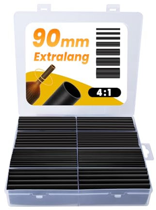 Fosdaling Schrumpfschlauch Set, 90mm Extra Lange 4:1 Schrumpfschläuche, Wasserdicht mit Kleber, Heat Shrink Tube Sortiment (7 Größen, Schwarz)