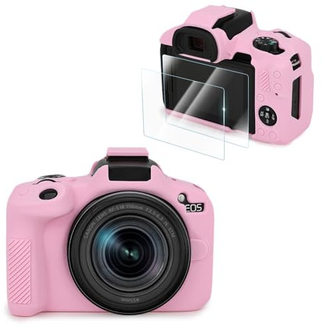 VOVMOEYA Compatible with CANON EOS R50 Camera Case Accessories kit[with 2 LCD tempered films],EOS R50 Silicone Protective Case Digital Camera case enhanced grip sensation lightweight 9H 0.25mm-pink