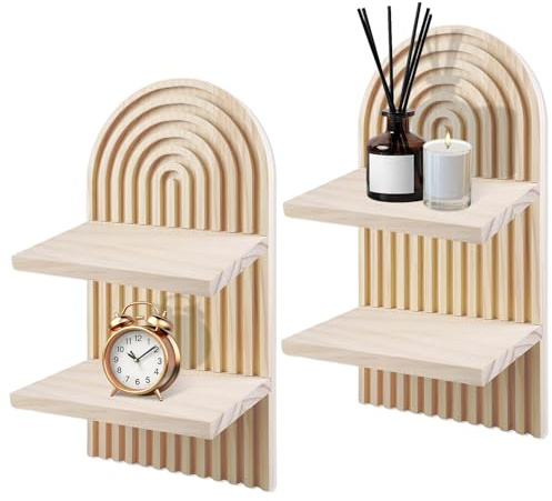 Wandbehang Regal mit Doppelschicht, 2 Stück Böhmische Hängeregal, Boho Wandregal Holz, Boho Holz Regenbogen Wandregale, Wand Regale für Fotoregal, Tischdeko, Dresser Deko, Kerzenhalter, Wanddeko