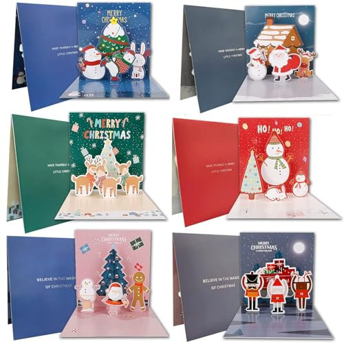 Fyvadio 3D Weihnachtskarten, 6 Pakete Weihnachtskarten Pop Up Weihnachtskarten Frohe Weihnachten Grußkarten Handgemachte Weihnachtskarten mit Umschlägen für Weihnachten/Neujahr