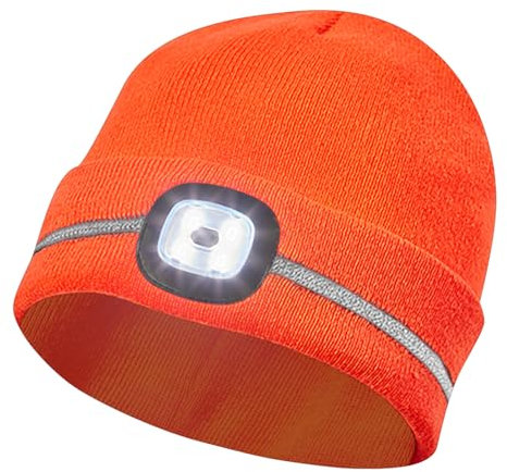 Gebol LED Mütze orange | Stirnlampe auf Strickmütze | Beanie mit Reflexionsstreifen | USB-Anschluss zum Aufladen | 60 Minuten Leuchtdauer | 4 Leuchtstufen | Unisex | Orange | 1 Stück