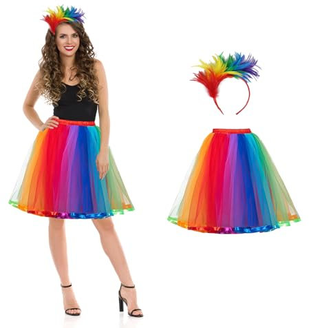 Conponous Regenbogen Kostüm Damen, 50er Faschingskostüme Elastischer Taillen Bunter Tüllrock Damen mit Feder Regenbogen Haarreif für Karneval Kostüm Fasching Halloween Mottoparty