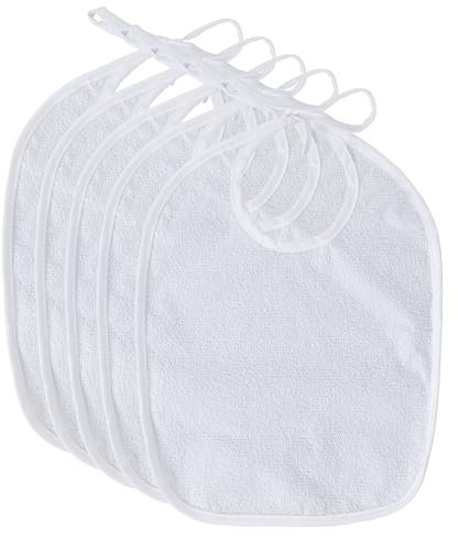 Alki Textile Pack 5 Unidades – Babero Rizo Impermeable – Baberos Bebe Guarderia Blancos con Cierre Ajustable Baberos de Tela para Guarderia Suaves Absorbentes Lavables Recién Nacido Niño Niña