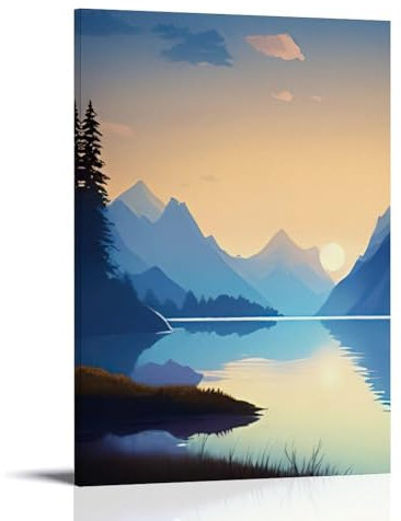 XMJHHMHZ Landschaftliches Poster mit ruhigem See mit Bergen am Horizont, Wandkunst, Wandkunst, Wandbild, moderne Dekoration, hängendes Kunstposter, 50 x 75 cm