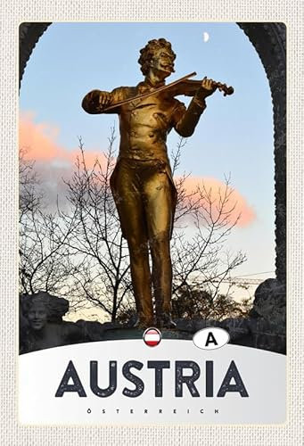 mrdeco Holzschild 12x18cm Österreich Skulptur Mann Geige Gold Holz Schild