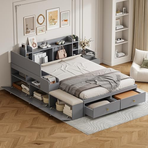 Massivholz-Kombi-Bett 140*200cm, Kopfteil mit eingebautem Staufach, mit Schubladen, mit Nachttisch, mit Stauraum-Langschrank, mit Sofabank, Stauraumbett Doppelbett Stauraumbett Tatamibett, Grau