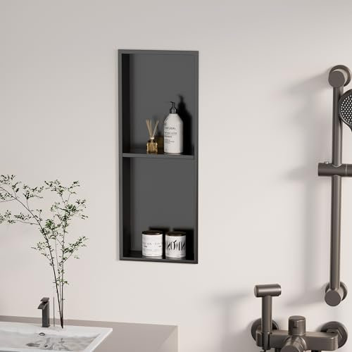 bimiti Bathroom Wall Niche Black, Stainless Steel Shower Niche Wall Insert Double Shelf Organizer 70 X 28 X 12.5CM, Black Shelf Insert Shower Storage for Bathroom, Livingroom, Kitchen
