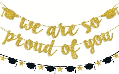 2 Stück Graduation Deko Girlande,Bachelor deko,Abschluss Deko Wir sind stolz auf Dich Girlande Banner,Papier Gratulation Hängende Dekoration für Abitur, Bachelor und Master Abschlussfeiern (Gold)