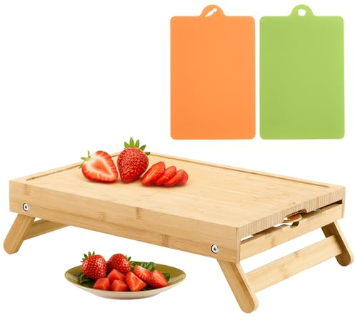 Remerry Large Raised Bamboo Cutting Board for Kitchen with 2 Plastic Cutting Mats Wooden Chopping Board with Legs for Kitchen Countertop, 15.55 x 11.61 x 2 Inches