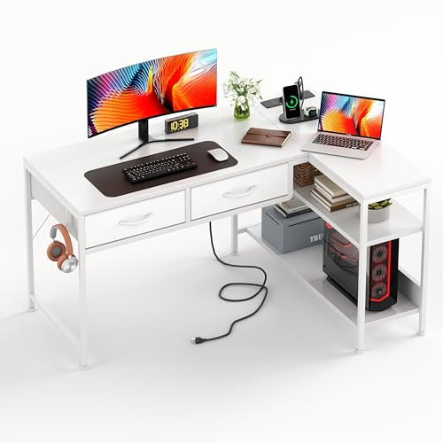CAIYUN L-förmiger Schreibtisch mit Steckdosen, 100 x 60 cm, Reversibel Gaming Tisch Kleiner Computertisch mit 2 Schubladen, Eckschreibtisch für Büro und Homeoffice, Weiß