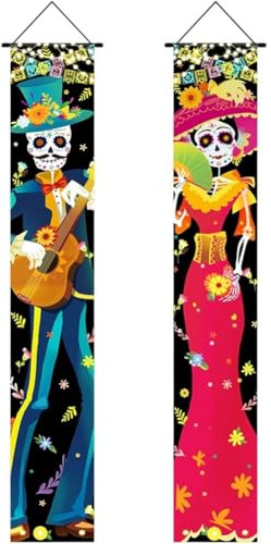 Ymxygz 2 Stück Tag Der Türvorhang, Totenkopf Gitarre Paar Veranda Schild Türbanner, Dia De Los Muertos Dekor Couplet Hängende Türflagge Indoor Outdoor Dekor