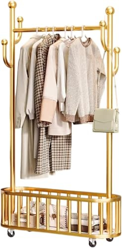 Porte-manteau sur roulettes, Autonome Portants a Vetement en métal avec panier de rangement et Crochets, 175 x 80 x 32 cm Chambre Penderie Ouverte pour suspendre des vêtements - Doré