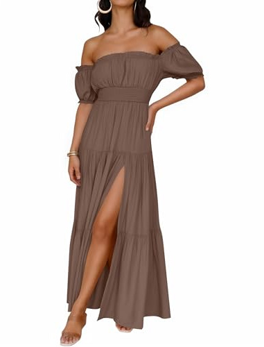 ZESICA Women's Boho Off Shoulder Wedding Guest Dress 2026 Summer Side Split Flowy A Line Long Maxi Dresses with Pockets Coffee Small
