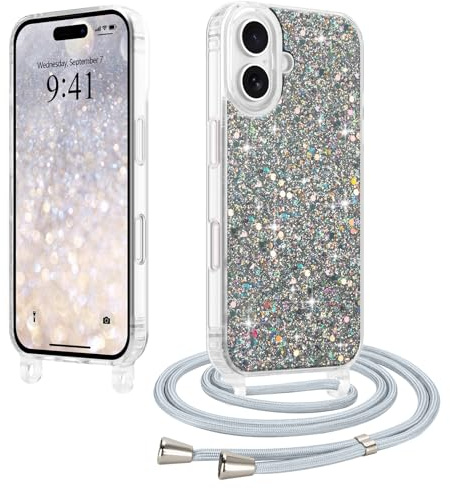 LCHULLE Crossbody Lanyard Case for iPhone 16 with Strap, Silver | Adjustable Removable Neck Strap, Sparkle Glitter Phone Cover for Women, Clear TPU Bumper, Shockproof Drop Protection