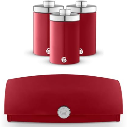 Swan Townhouse Red Bread Bin and Tea, Coffee & Sugar Canisters Set – Retro Kitchen Storage Set – Bread BIn and Matching Canisters