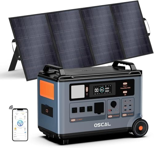 OSCAL PowerMax 6000W Generador Solar Portatil con Panel 400W, 3600Wh LFP Batería, Ampliable hasta 57.6kWh, Carga Rápida 1.2h, 14 Puertos, Estación de Energía para Hogar Emergencia, Camping, Caravana