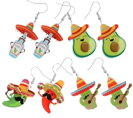 ANDRESLAD 4 Paar Mexikanische Acryl Hängeohrringe mit Chili Kaktus Avocado und Tequila Motiv Leichtes Farbintensives Fiesta Schmuckset für Damen