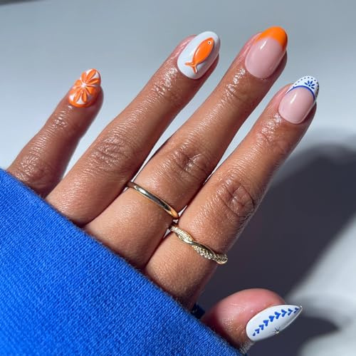 Glamnetic Press On Nails - Citrus Coast | Short Oval Fake Nails with 3D Nail Art | Orange Slices, Fish Accents & Ceramic Prints | Salon Quality Summer Nails | 15 Sizes - 30 Nail Kit with Glue
