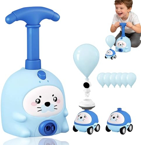 Ballonbetriebenes Auto Spielzeug, Luftbetriebenes Ballonauto Spielzeug mit Tiermotiven, Ballonauto Spielset mit Luftpumpe, Fliegende Ballonbetriebenes, Ballonauto Pumpenset für Mädchen Jungen (Blau)