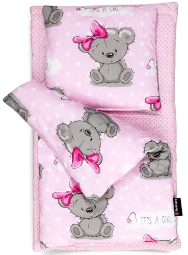 PinkZebra 3-teilig mini Bettwäsche für mini Bett, Decke + Kissen + Matratze, Bettzeug mit Matratze, Bettwäsche aus Baumwolle, Bär Rosa