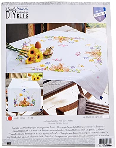 Vervaco Stickpackung Kreuzstich Set Vorgedruckt Tischläufer Kaninchen Stickdecken Vorgezeichnet DIY Basteln Erwachsene Kreativ Stickläufer zum Selbersticken 40 x 100 cm Stickset