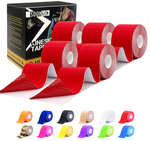 Kinesiology Tape Rock Tape 5 Rolls Relieve Muscle Soreness and Strain Shoulders Wrists Knees Ankles Elastic Waterproof Good Air Permeability Hypoallergenic Red 5cm*5m By SOONGO