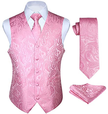 Enlision Gilet Uomo rosa Elegante Nozze Paisley Panciotto Jacquard Gilet da Abito Cravatta e Fazzoletto Set per Festa Sposa XS