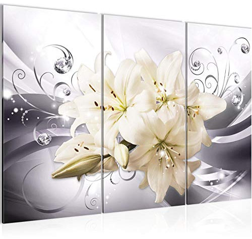 Runa Art Lis Fleurs Peinture Tableau Salon XXL Gris Beige Abstrait 120 x 80 cm 3 Parties Decoration Murale 020131c