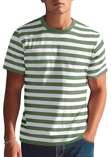 Essential Stripes T-Shirts Comfort Short-Sleeve Crew-Neck Striped Tee Top(Army Green&White WD,L)