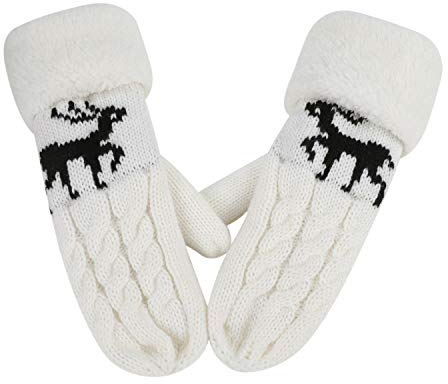 Damen Fausthandschuhe Warme Fäustlinge Handschuhe Winter Plüschfutter Damenhandschuhe Gefüttert Strickhandschuhe Cartoon Hirsch Winterhandschuhe Verdickte Weiche Skihandschuhe für Snowboard Fahrrad