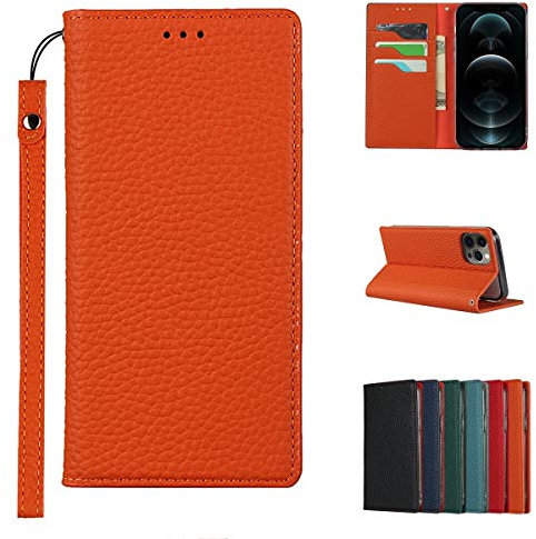 Copmob Case Compatible for iPhone 12 Pro Max With Card Holder With Strap,Genuine Leather Flip Wallet Case,[3 Slots][Magnetic Closure][RFID-Blocking],Phone Case Cover for iPhone 12 Pro Max - Orange