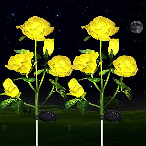 ZVO Solarlampen für Außen Garten, 2 Stück Solarleuchten Garten Deko mit 10 LED Rose Blume Lichter, Solar Wegeleuchten Außen Gartenleuchte Lampen für Outdoor Rasen Feld Weg Terrasse(Gelb)