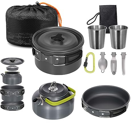 Lixada Portable Cookware Kit - 2-3 Person Cooking Set, Lightweight Non-Stick Camping Pots and Pans With Cups, Spoons, Forks, Cutlery for Outdoor Travel, Hiking, Picnic, BBQ