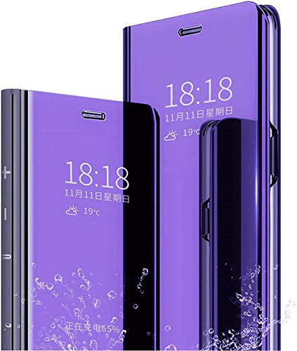 Hkess Spiegel Flip Cover kompatibel mit Oppo Find X3 Lite 5G Clear View Standing Hülle Handyhülle Mirror Makeup Plating Schutzhülle Standfunktion Handy Tasche Bumper Protective Case,Lila-Blau