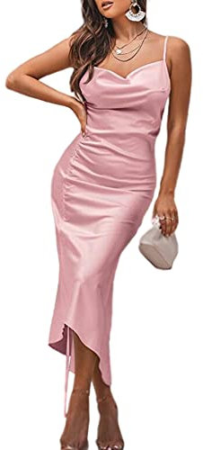 HAHAEMMA Robe décontractée sans manches à bretelles spaghetti en satin pour femme, robe de cocktail, plage, soirée, robe de vache à pois, Rose 20523, M