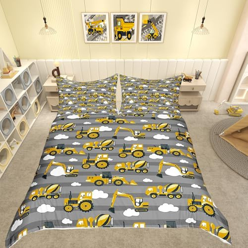 Jungen-Bagger-Bettbezug-Set mit Bagger-Motiv, Cartoon-Motiv, gelb, LKW-Kranich, niedlich, für schwere Maschinen, Bettwäsche-Set, Traktor-Bettwäsche & Leinen, 3-teilig, Doppelbett-Größe