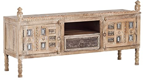 Woodkings® TV-Bank Damchaya 2türig aus Massivholz Mango, Anrichte Boho Design, Vintage Sideboard weiß mit Schnitzereien Lowboard Unikat