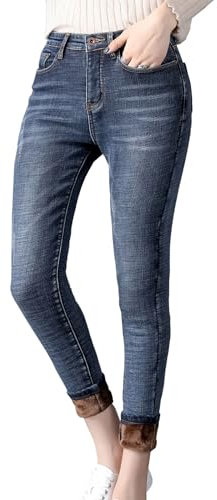 SKYWPOJU Thermojeans Damen Winterhose Thermohose Leggings mit Innenfleece Winterhose Warm Gefütterte Jeans Straight Hose mit Weitem Gummizug Band Jeans Fleece Treggings Damen