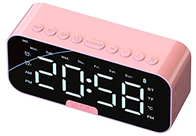 Raopuzi Réveil avec Haut Parleur Bluetooth 5.0, Thermomètre Multifonction Appel Mains Libres Musique Lecteur MP3, Miroir LED réglable Réveils de Chevet Maison/Chambre/Bureau (Rose)