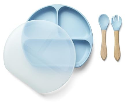 Baby Suction Plate with Lid, Weaning Set, Baby Feeding Set, | BPA-Free Silicone Baby Plate with Lid | Easy Clean-up | Ideal for Baby-Led Weaning (Dusky Blue)