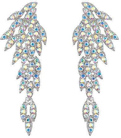 Pendientes de Mujer- Clearine Art Deco Racimo de Hojas de Ala de Ángel Aretes Llamativos Araña Colgante Largos de Gota Regalo,Color IridiscenteAB Plata-Tono