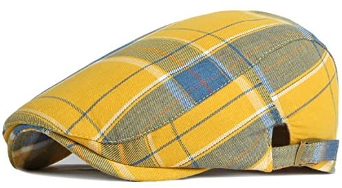 Schiebermütze Herren Frühlings-Sommer-Kappe Männer Frauen Retro Ivy Newsboy Cap Verstellbare Schiebermütze Karierter Künstler-Maler-Barett-Hut,Gelb,55-60cm