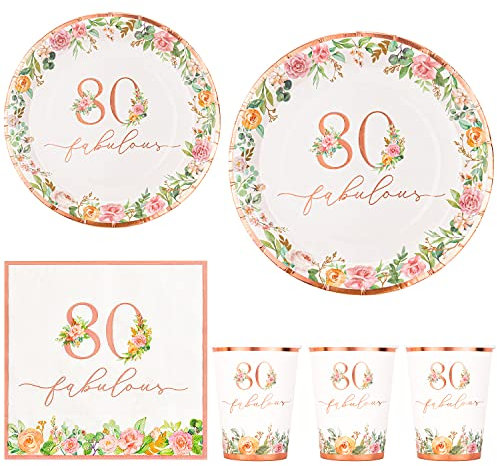 Crisky 80th Birthday Napkins and Plates for Women Rose Gold Floral Party Decoration, 80 and Fabulous Plates and Napkins for Women 80th Birthday.