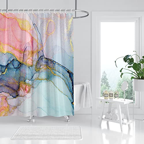 marble shower curtain, pink marble shower curtain set, colourful abstract ink paint pink blue gold glitter texture shower curtain for bathroom, waterproof fabric with 12 Hooks, 72 x 72 inches