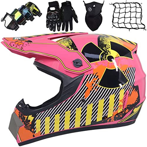 Casque Motocross, Casque Moto Homme Set, Casque Moto Enfant avec Gants/Lunettes/Masques/Filet de Casque, Casque Moto Cross pour BMX MTB Quad Bike Enduro ATV Scooter (Pink S-XL, 52-59CM)
