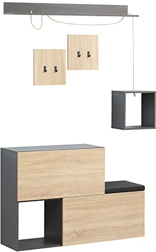 HOMCOM Set Mobile da Ingresso con Attaccapanni, Scarpiera con Panca, Mensola e Scaffale a Cubo in Legno, Grigio e Naturale