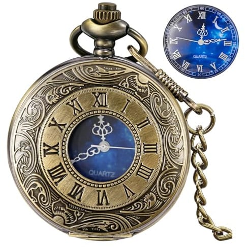 Tiong Pocket Watch Hollow Blue Star Design Roman Numerals Pocket Quartz Watches with Chain Christmas Birthday Gifts for Men Women