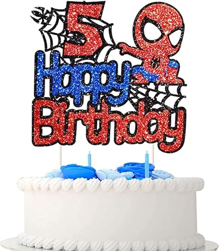 Spiderman Tortendeko 5 Geburtstag, Happy Birthday Tortendek, Superhelden Cake Topper, Doppelseitiger Glitter Kindergeburtstag Kuchen Deko für Mädchen Junge Baby