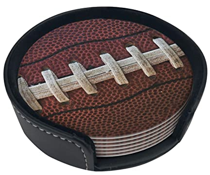 American Football Schnürsenkel Untersetzer für Getränke, 6 Stück Leder-Untersetzer mit Halter, runde Tassenmatten-Set für Zuhause und Küche, 9,9 cm
